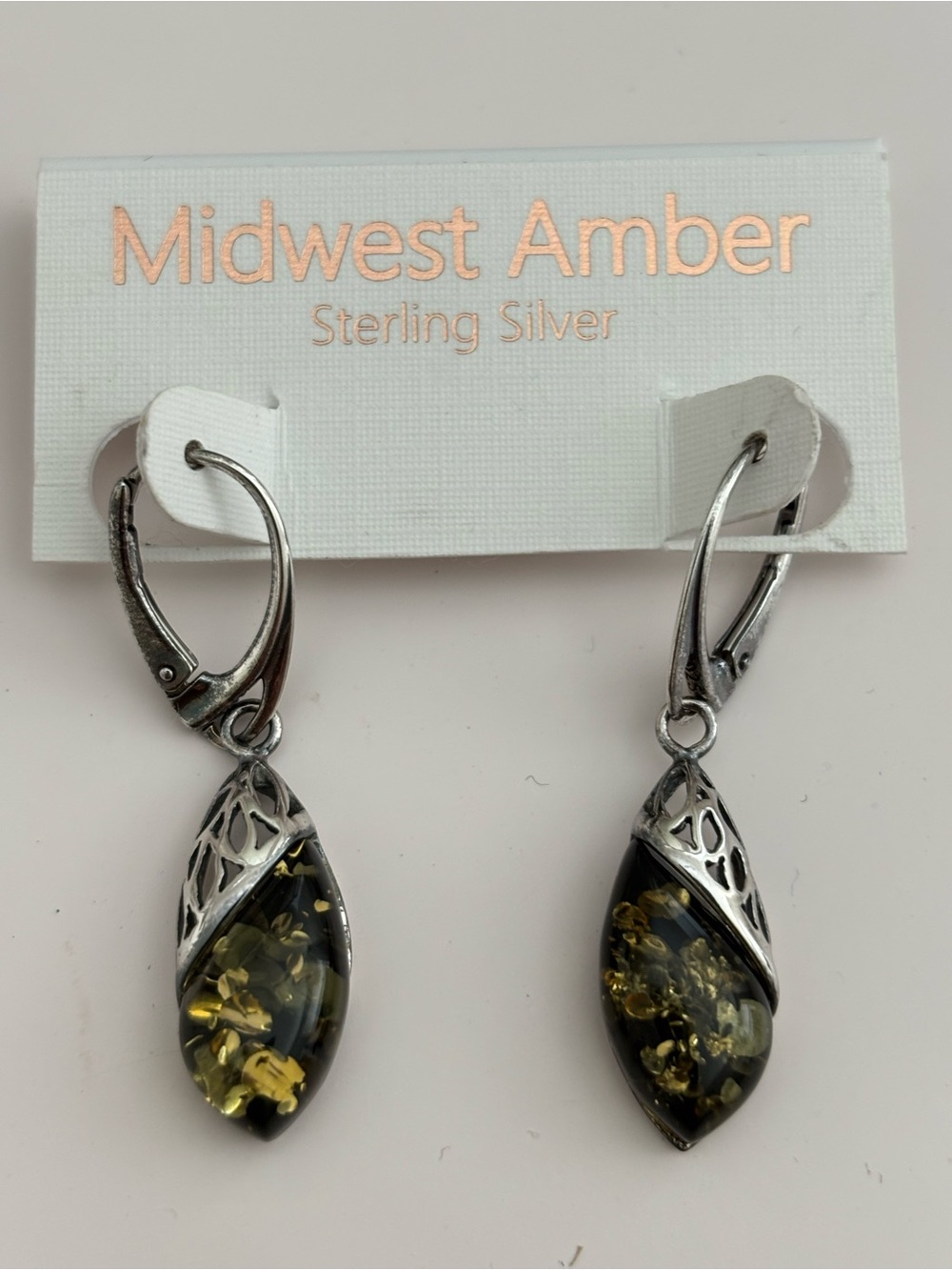 Sterling Silver Olive Green Amber Drop Earrings